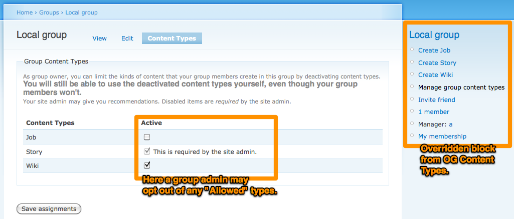 Content types tab where 'Job' has been deselected.